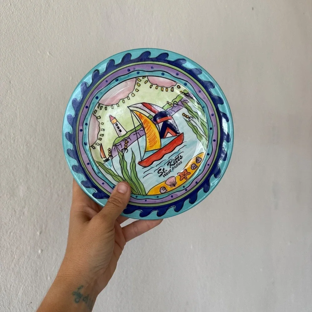 Vintage St Kitts West Indies Hand Painted‎ Plate Sailboat Coastal Decor